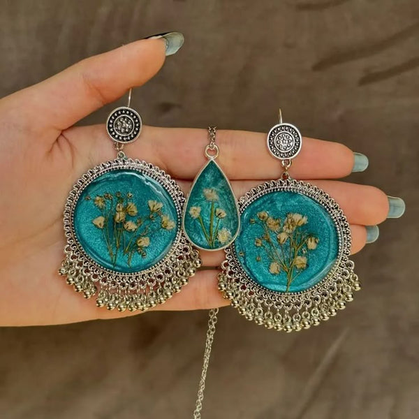 JMH-321- Blue Floral Resin Jhumka  and Pendat set